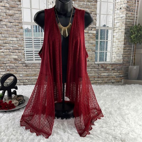 Women’s Trueself Burgundy Crocheted And Laced Cardigan (L) EB23 - Picture 1 of 10